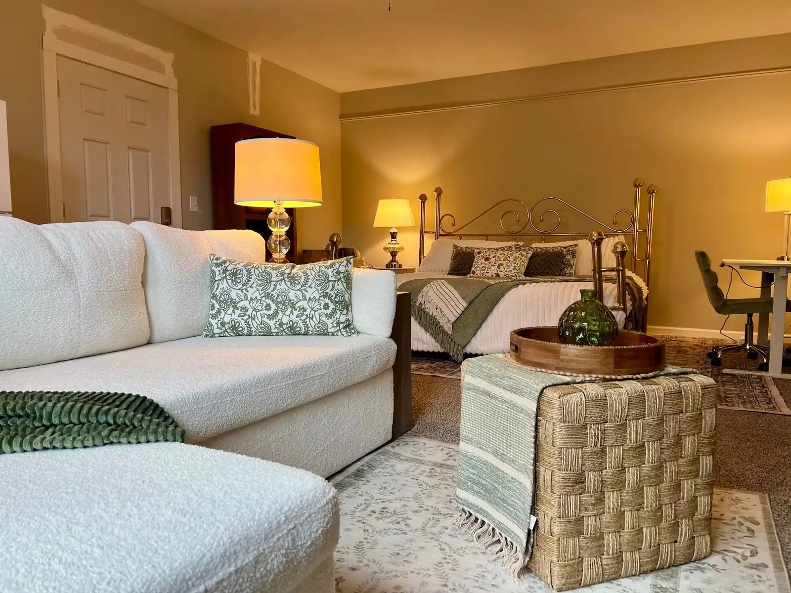 Short-term rental living area and bedroom reset after a turnover clean
