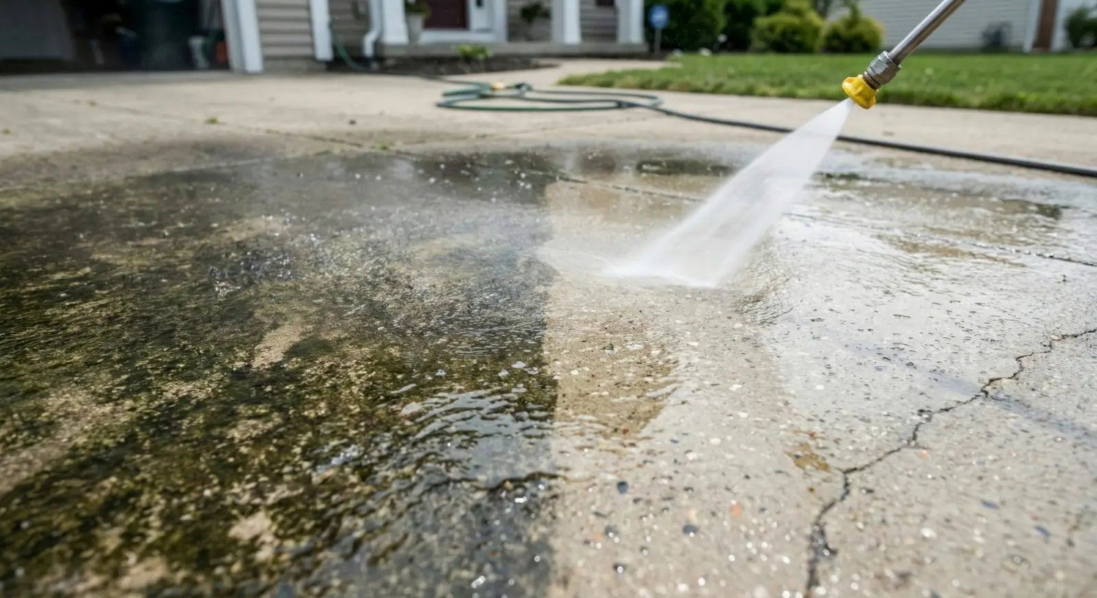 Concrete driveway being pressure washed in Carrollton, GA