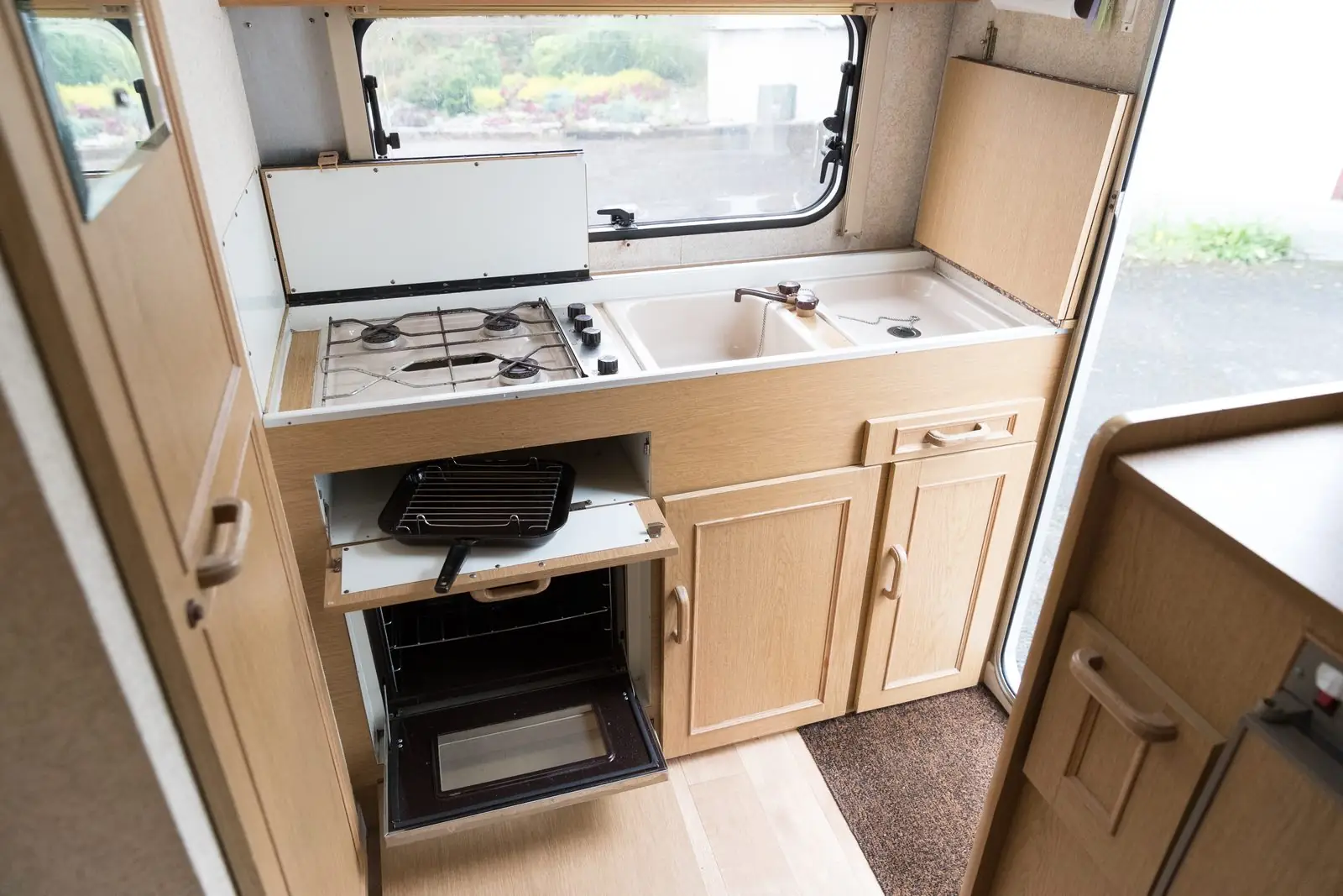 RV galley kitchen wiped down and cleaned